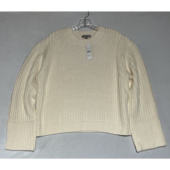 J Crew Heritage Cotton Fisherman Crewneck Sweater Womens L Natural Cream Cropped - Picture 1 of 10